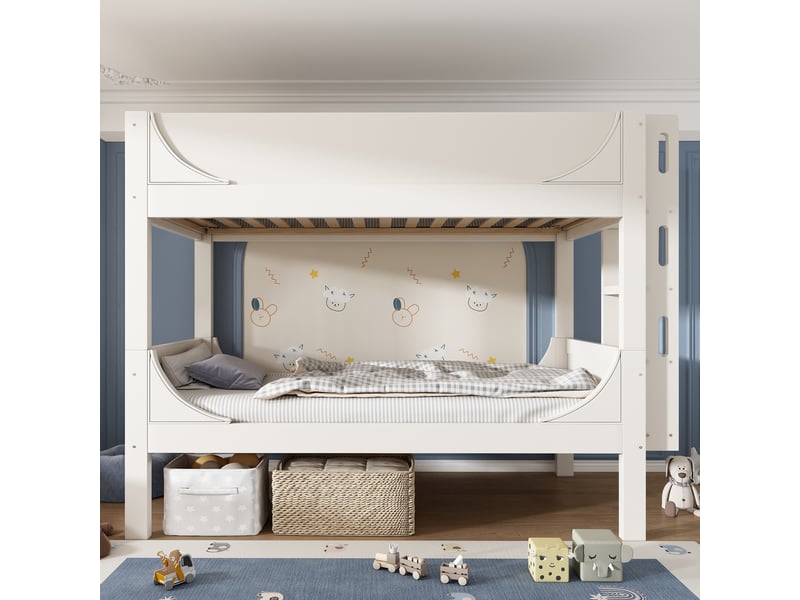  Lit superposé séparable 90x200 cm avec échelle modulable, design traîneau, transformable en deux lits simples, blanc  - Conforama B