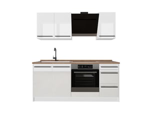 Vicco cuisine, blanc haute brillanceblanc, 180cm plan de travail chêne doré