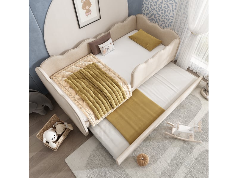 Lit enfant gigogne 90x190 cm forme de nuage unique et design en forme de l sommier lattes, lin beige, sans matelas - Conforama B