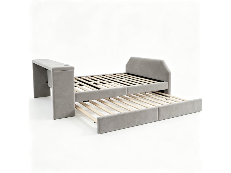 Lit enfant capitonné 140 x 200 cm avec bureau intégré, port de chargement usb et lit d'appoint gigogne ; cadre de lit en velours gris pour chambre d'enfant ou chambre d'amis  - Conforama D