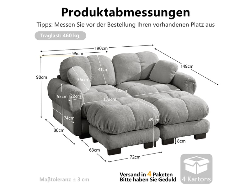 Canapé modulable, canapé 2 places, en chenille, gris clair, avec pouf, adapté à l'espace de vie, pour salon - Conforama D
