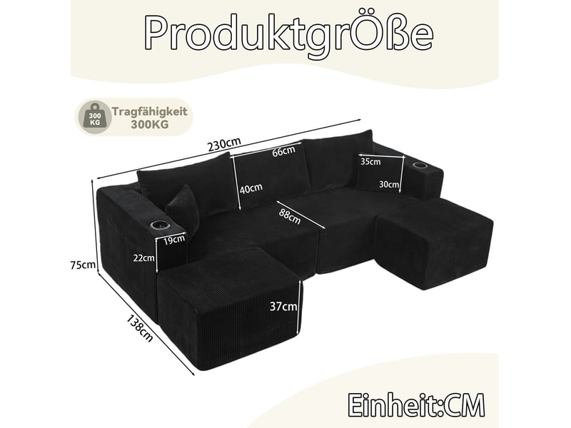  Canapé d'angle modulaire 3 places 230x138x75 cm velours côtelé noir  - Conforama E