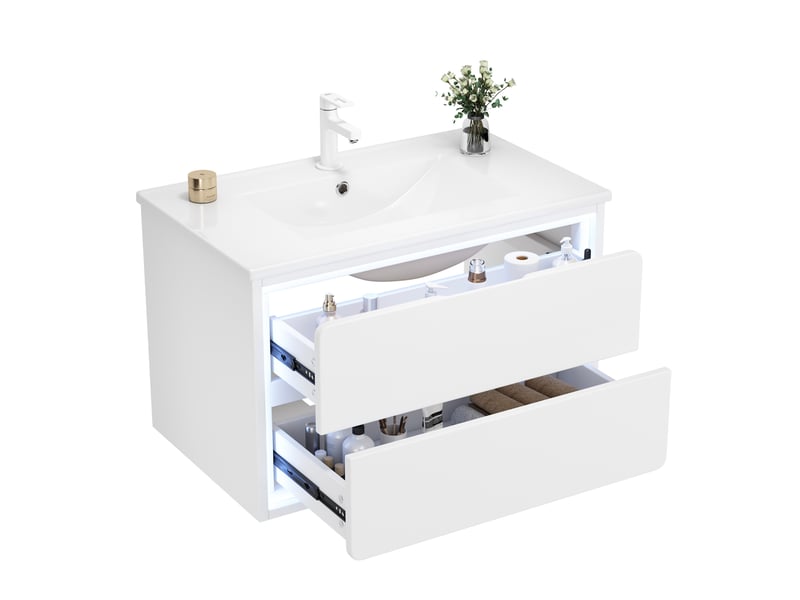  Meuble de salle de bain suspendu 76x46x48,5 cm, 2 tiroirs, vasque, meuble avec led radar, mdf blanc, rangement pratique  - Conforama A
