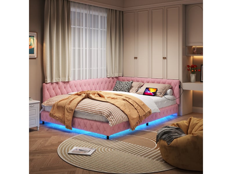  Kefsr lit d'angle 140x200 cm avec éclairage led et ports usbtype-c, lit banquette capitonné en tissu bouclette avec sommier à lattes, lit double, rose  - Conforama R
