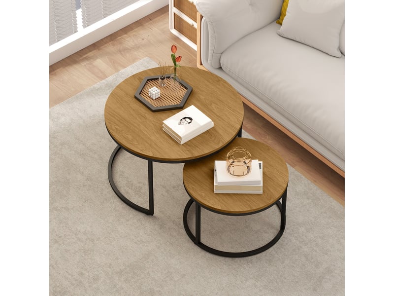 Lot de 2 tables basses rondes gigognes empilables piètement acier plateau effet bois chêne moyen  - Conforama F