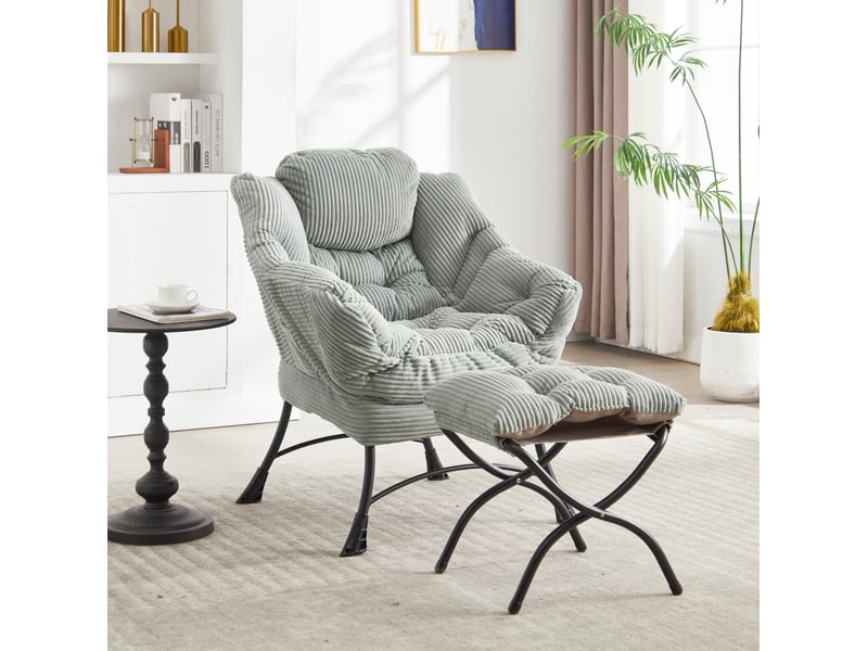  Fauteuil lounge 70x64x95 cm avec ottoman 50x45x46 cm, dossier incurvé et design ergonomique, cadre en métal, tissu flanelle vert clair  - Conforama B