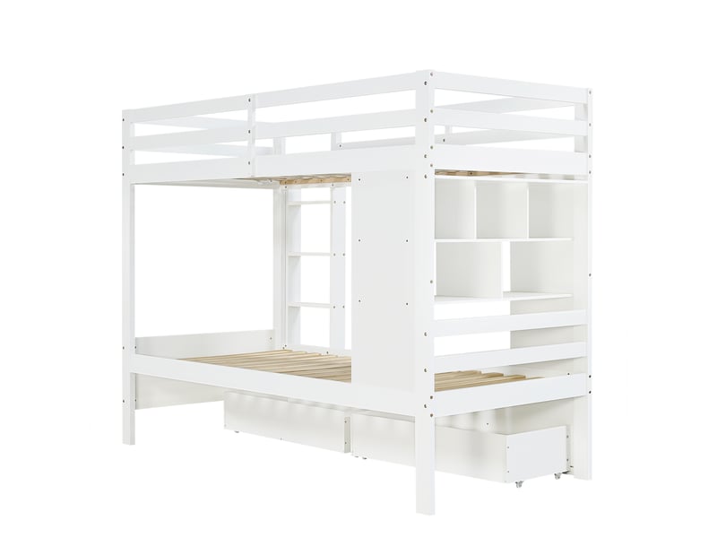  Lit superposé blanc 90x200 cm, en bois, avec 2 tiroirs, une étagère ouverte et une échelle, idéal pour 2 enfants.  - Conforama E