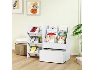 Étagère à jouets enfant 100 x 30 x 80 cm en mdf et acier blanc, 6 bacs et coffre mobile pour livres et jouets