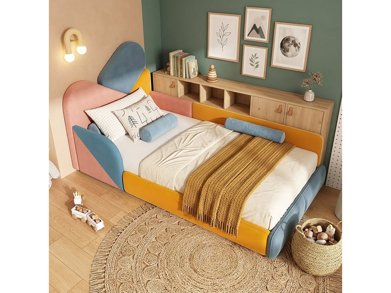  Lit simple 90x200 cm, lit enfant, barrière antichute, tête de lit rembourrée, velours bleu et multicolore  - Conforama R