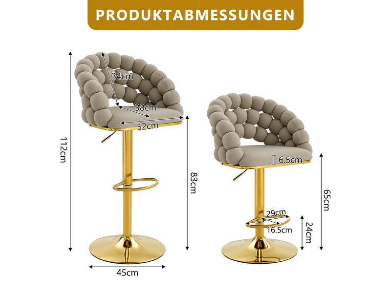  Lot de 2 tabourets de bar,45x52x112 cm,réglables en hauteur,velours,gris  - Conforama C