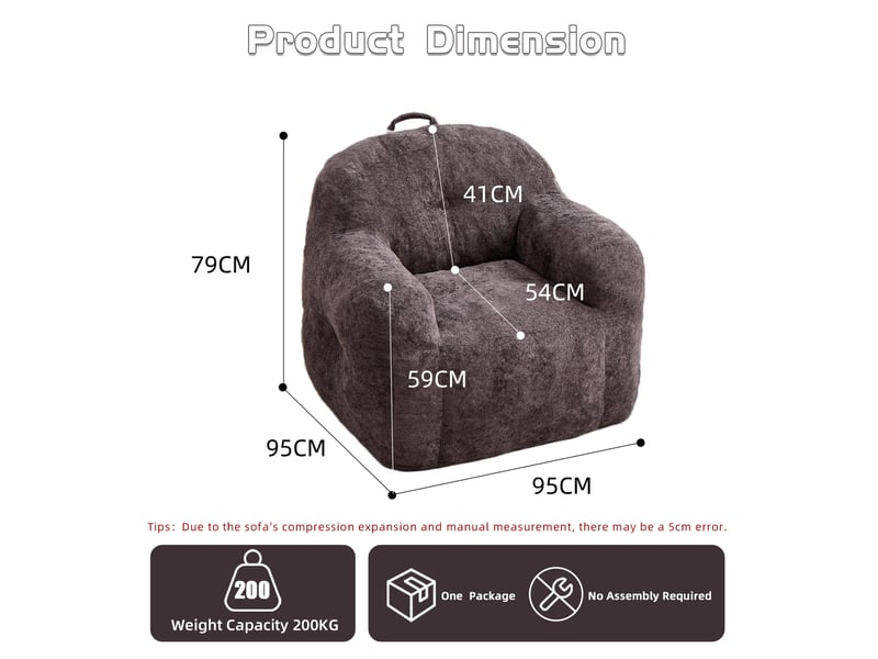  Fauteuil poire 95x95x79 cm avec accoudoirs en fausse fourrure gris foncé  - Conforama E