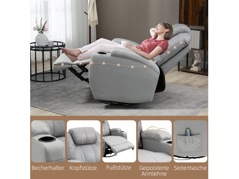  Fauteuil de massage inclinable manuel 8 points de vibration, 5 modes, pivotant 360 degrés, gris clair, charge maximale 150 kg  - Conforama E