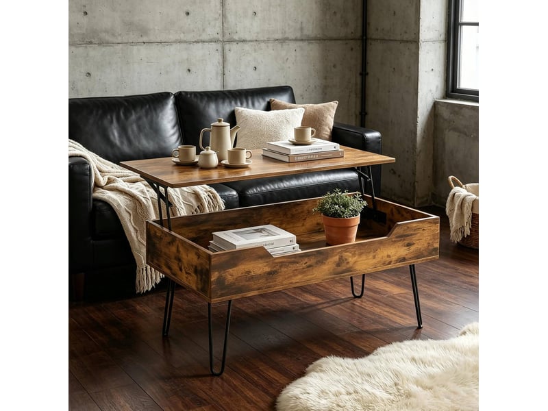  Table basse rectangulaire 95 x 50 x 40 cm en mdf et acier avec plateau relevable et rangement marron et noir chicfurn  - Conforama C