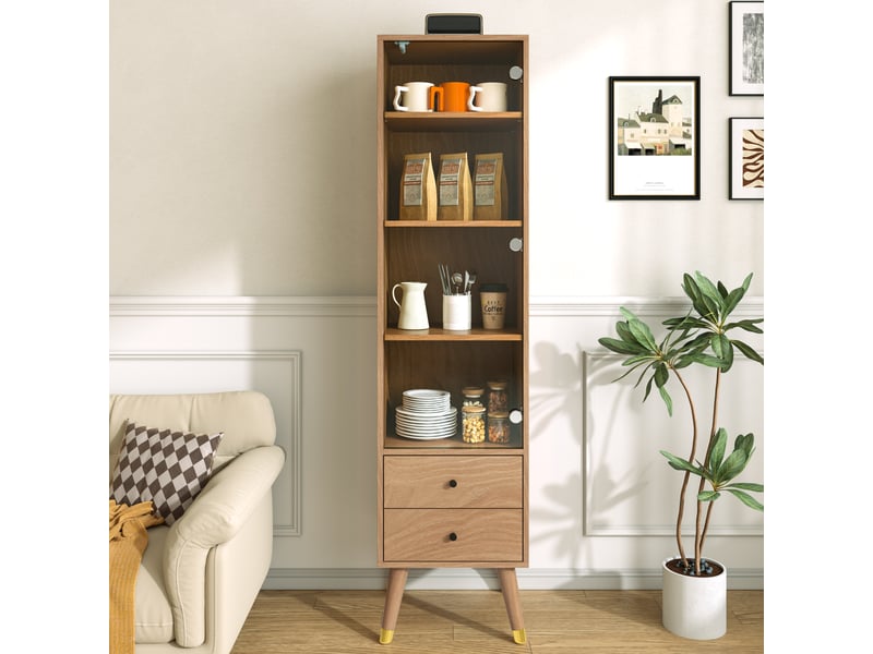  Armoire vitrine avec 3 étagères réglables et 2 tiroirs, meuble haut avec porte en verre à ouverture par pression, pour salon ou bureau, naturel Seren Glow - Conforama D