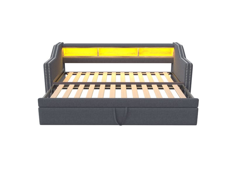 Lit banquette gigogne 90-180x190 cm avec led et rangement, lin, gris foncé, sans matelas - Conforama R