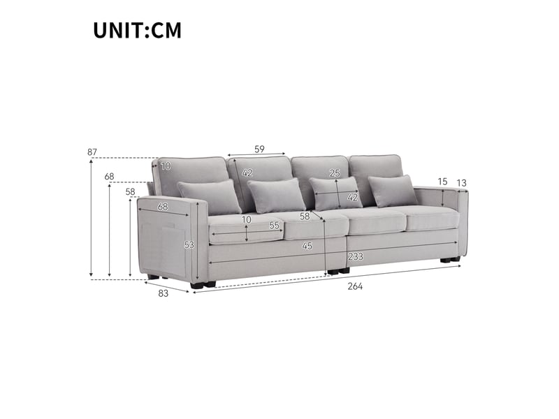  Canapé droit 4 pl 264x83x87 cm, coussins, poches latérales, meuble de salon moderne, finition lin gris  - Conforama C