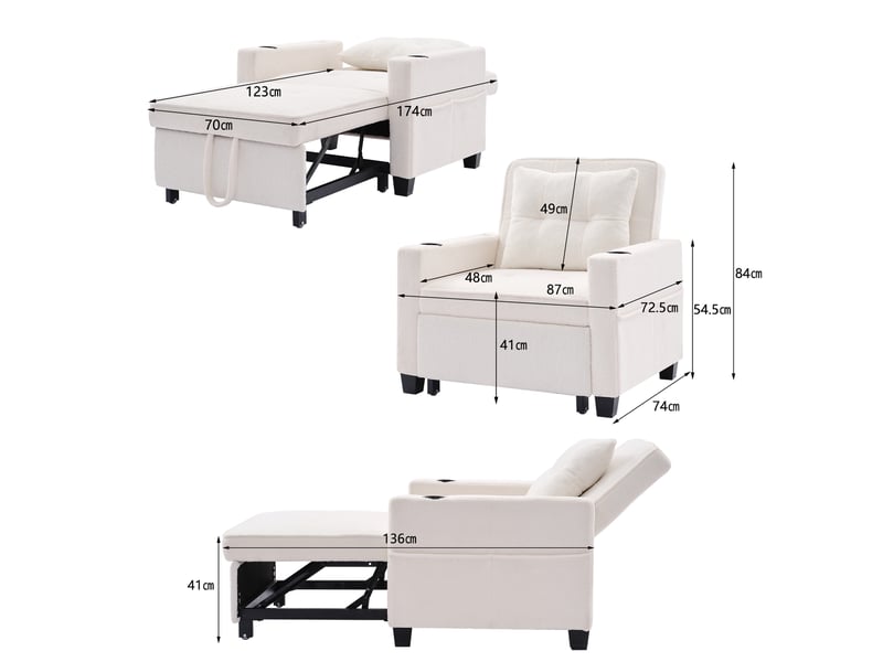  Fauteuil convertible blanc 1 place - canapé lit multifonction avec rangement intégré et usb  - Conforama C