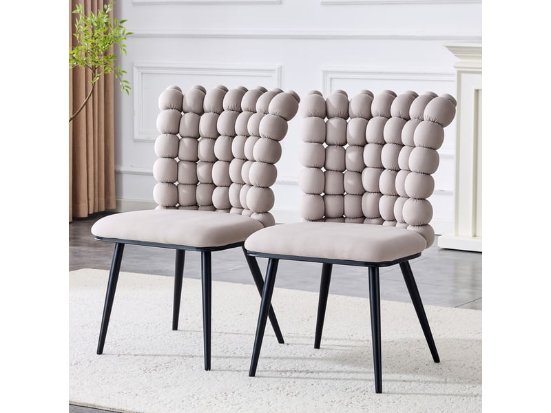  Lot de 2 chaises 54x48x88 cm salle à manger design luxe en velours gris clair, dossier à motif perlé, pieds métal noir  - Conforama W
