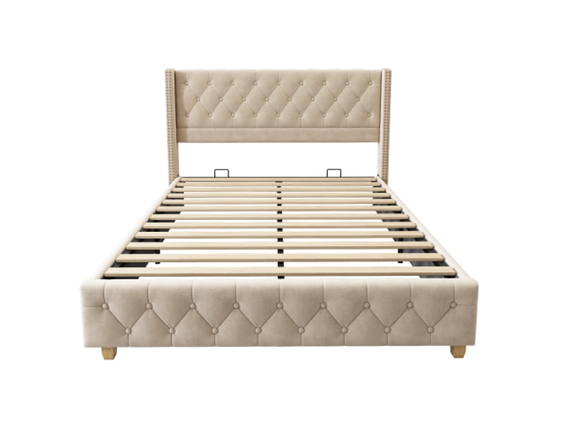  Lit adult 180x200cm, lit double avec tête de lit et sommier, velours beige, sans matelas  - Conforama C