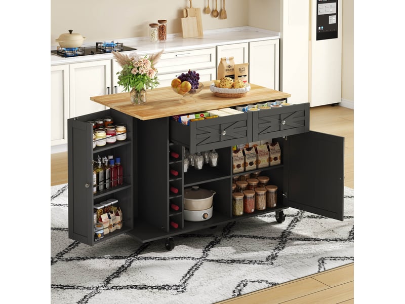  Desserte de cuisine 120 x 45 à 70 x 89 cm noire en mdf, plateau rabattable, rangements sur roulettes  - Conforama B