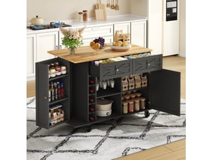 Desserte de cuisine 120 x 45 à 70 x 89 cm noire en mdf, plateau rabattable, rangements sur roulettes