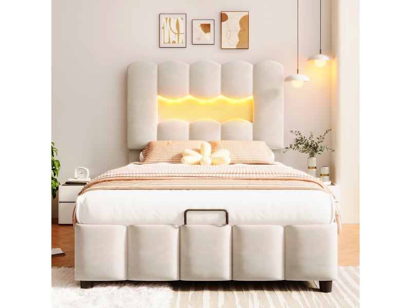  Lit rembourré pour enfant 90 x 200 cm, avec éclairage led, équipé d'un système hydraulique, tête de lit réglable, en velours, beige  - Conforama B