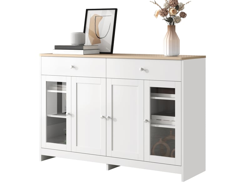  Buffet 120x37x80 cm, avec 2 tiroirs et 4 portes, tablettes réglables, pour salon, salle à manger, effet bois, mdf blanc  - Conforama A