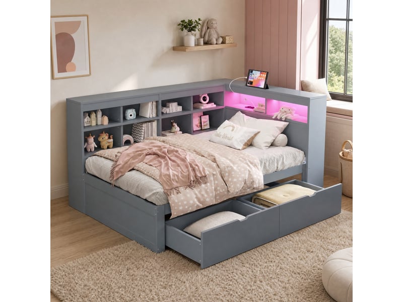  Lit simple 90x200 cm avec rangements, prise usb et led en bois gris  - Conforama B