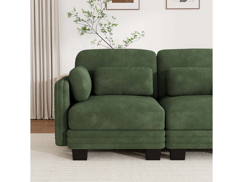  Canapé modulable 4 places vert en chenille, assise ergonomique avec coussins lombaires et d’accoudoirs, pour salon et appartement  - Conforama W