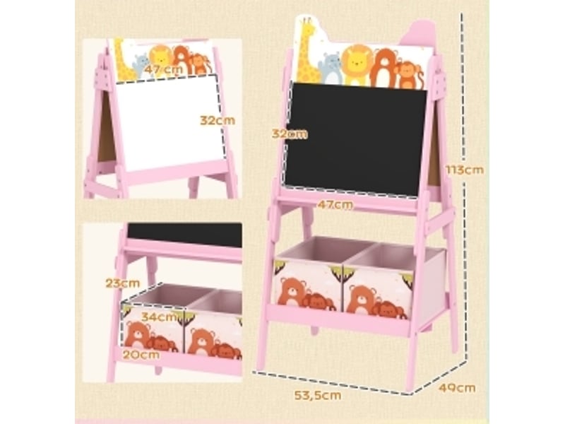  Chevalet enfant 2 en 1 avec tableau blanc et ardoise, 2 bacs de rangement en bois rose, 53,5 × 49 × 113 cm  - Conforama D