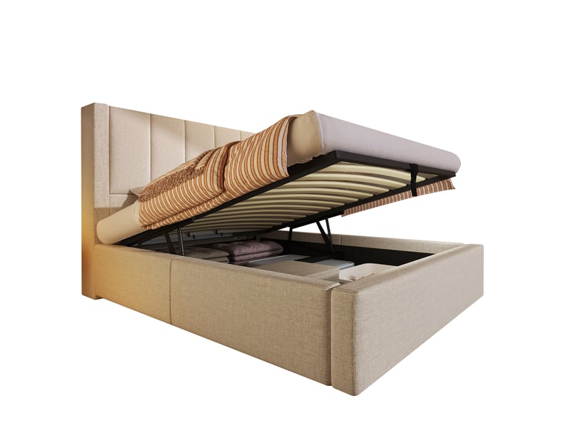  Lit coffre simple 90x200 cm, port usb-c, style moderne, porte-gobelet, rangements intégrés, lin beige, sans matelas  - Conforama A
