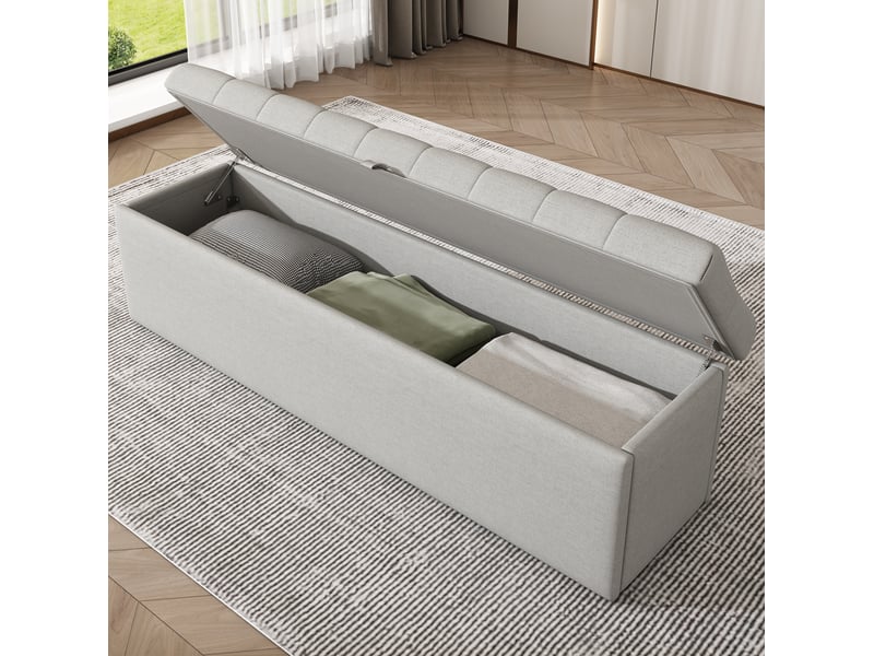  Banc coffre capitonné 141 x 41,5 x 42 cm gris clair en lin, rangement pour chambre et pied de lit  - Conforama B