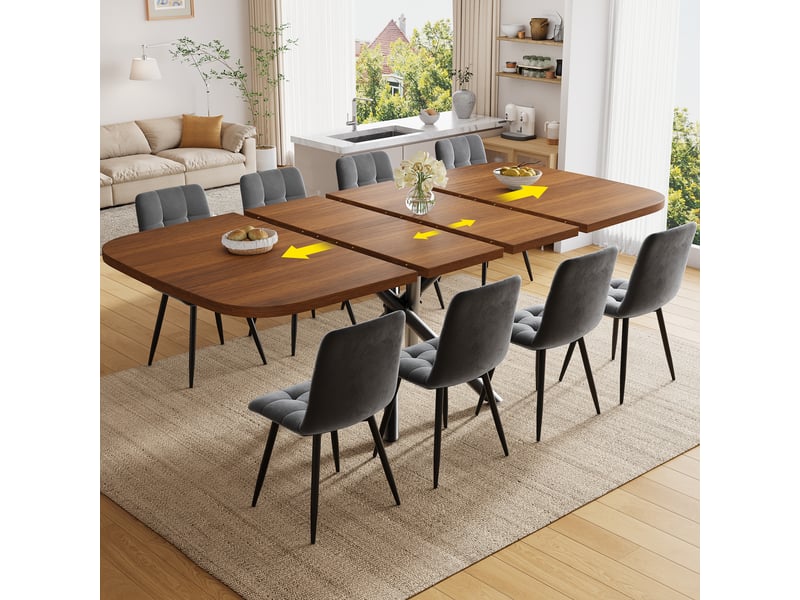  Table à manger extensible 115-195x115x75cm brune, 4 à 8 personnes, 3 longueurs, cadre métallique en x et pieds réglables, au quotidien, modulable  - Conforama E