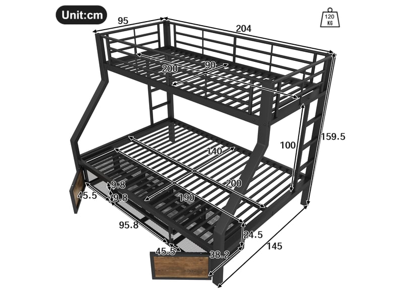 Lit superposé enfant 90 x 200 et 140 x 200 cm, placard à chaussures, noir - Conforama C