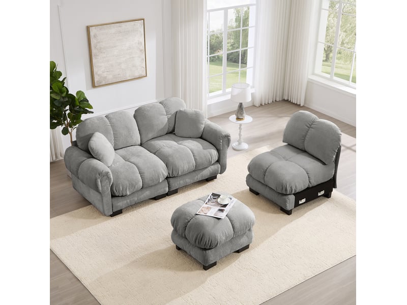  Canapé 3 places en l 260x149x90 cm, dossier capitonné, 2 coussins, pouf déplaçable, tissu en chenille, gris clair  - Conforama D