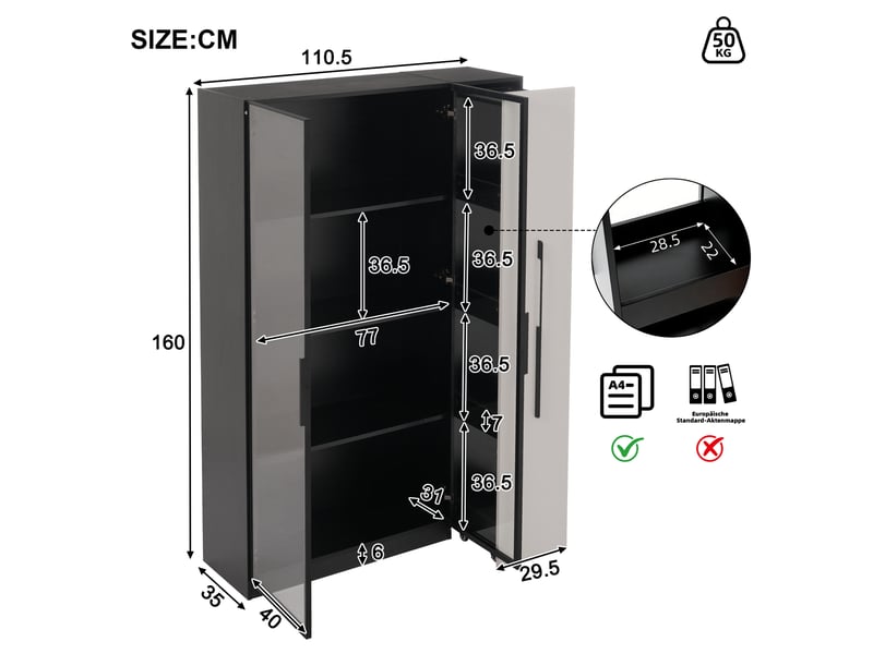 Vitrine 110,5x35x160 cm avec Porte en Verre, Éclairage LED, Tiroir Latéral Coulissant, Meuble Haut de Rangement Moderne - Blanc et Noir Fay Lum - Conforama C
