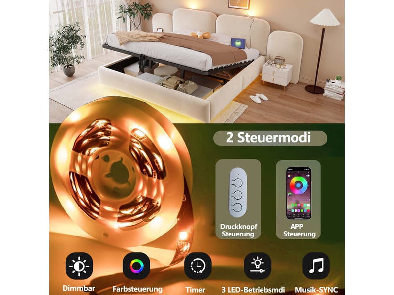  Lit rembourré double 180x200 cm lit coffre hydraulique lit capitonné en velours avec rangement bande led ports usb, beige  - Conforama W