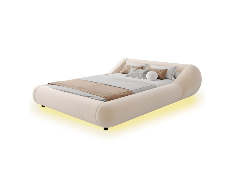  Lit 2 places 140x200 cm en velours avec tête de lit enveloppante, cadre flottant led, design arrondi moderne beige  - Conforama A