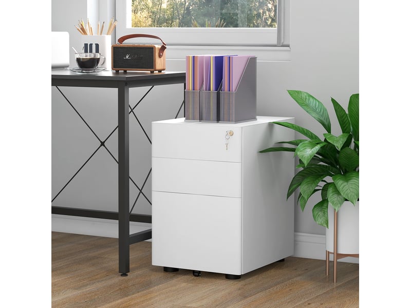  Caisson de bureau mobile en acier 39 x 48 x 59 cm – blanc – 3 tiroirs avec serrure et roulettes  - Conforama B