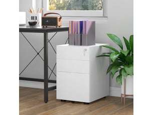 Caisson de bureau mobile en acier 39 x 48 x 59 cm – blanc – 3 tiroirs avec serrure et roulettes
