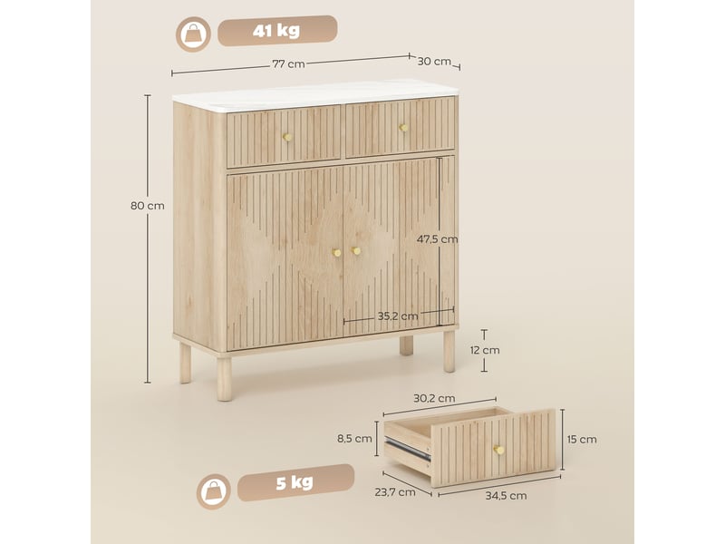 Buffet, meuble de rangement cannelé avec plateau effet marbre, 2 tiroirs, 2 portes, étagère réglable, chêne, 77x30x80cm - Conforama C