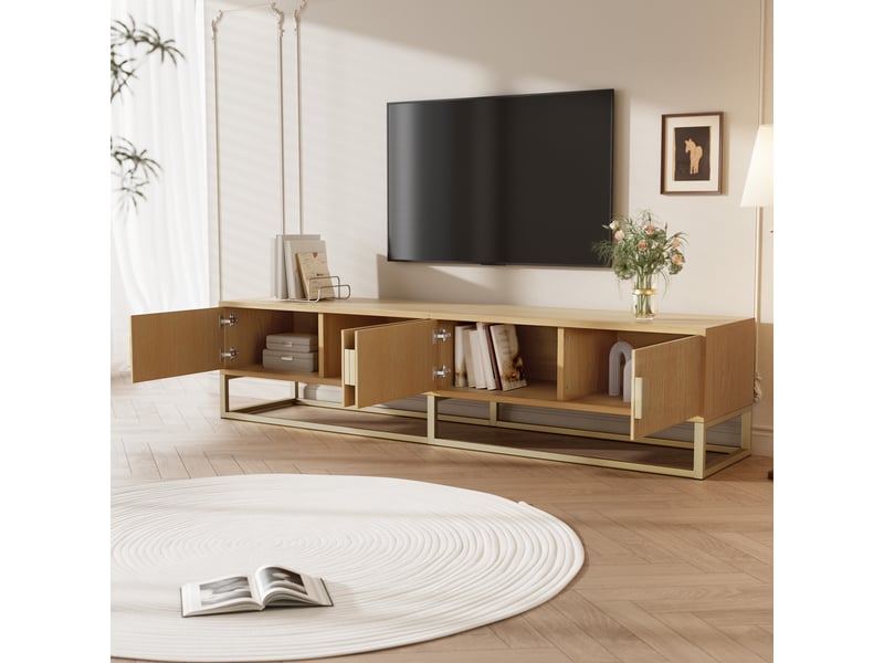 Meuble tv bois 180 cm moderne 4 portes avec poignées demi-lune et pieds métal doré - Conforama C