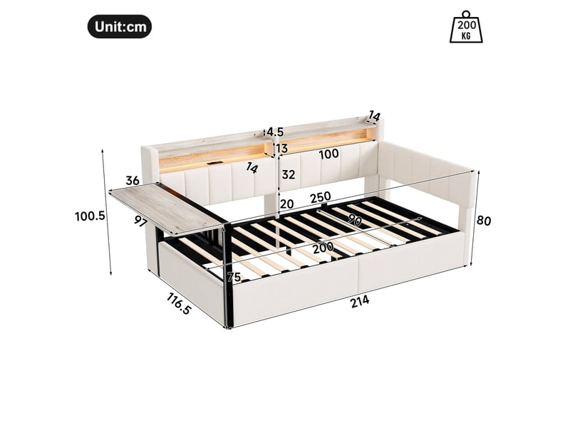  Lit coffre banquette 90x200 cm, lit hydraulique rembourré, table rabattable, tête de lit rangement, led, usb-c, velours (sans matelas), blanc CozyNest - Conforama C