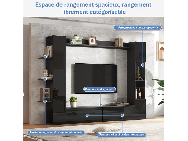  Meuble tv mural avec rangements intégrés, vitrines et étagères ouvertes, grande largeur 245 cm, finition noire brillante  - Conforama R