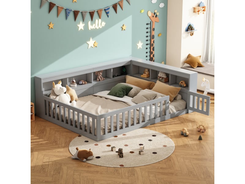  Lit de jour, 140 x 190 cm, canapé-lit, table de chevet avec rangement, sommier à lattes (sans matelas), barrière de sécurité, panneaux de particules, prise électrique et port usb, gris  - Conforama B