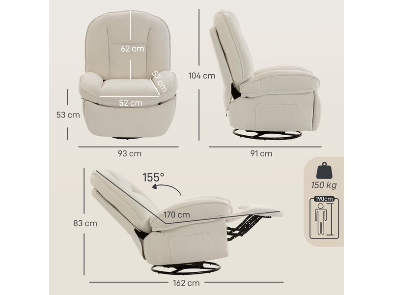 Fauteuil de relaxation inclinable et pivotant en chenille crème 93x91x104 cm  - Conforama C