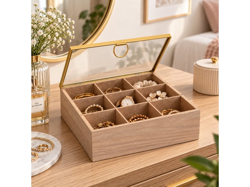 Lot de 2 boîte de rangement vitrée multifonctions à 9 compartiments en mdf effet bois - longueur 24 x profondeur 24 x hauteur 8 cm - Conforama B