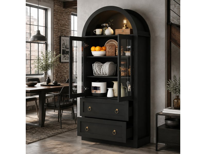 Vitrine avec tiroirs et portes vitrées, 2 étagères réglables pour cuisine et salon, moderne, 80×36×170 cm, noir  - Conforama B