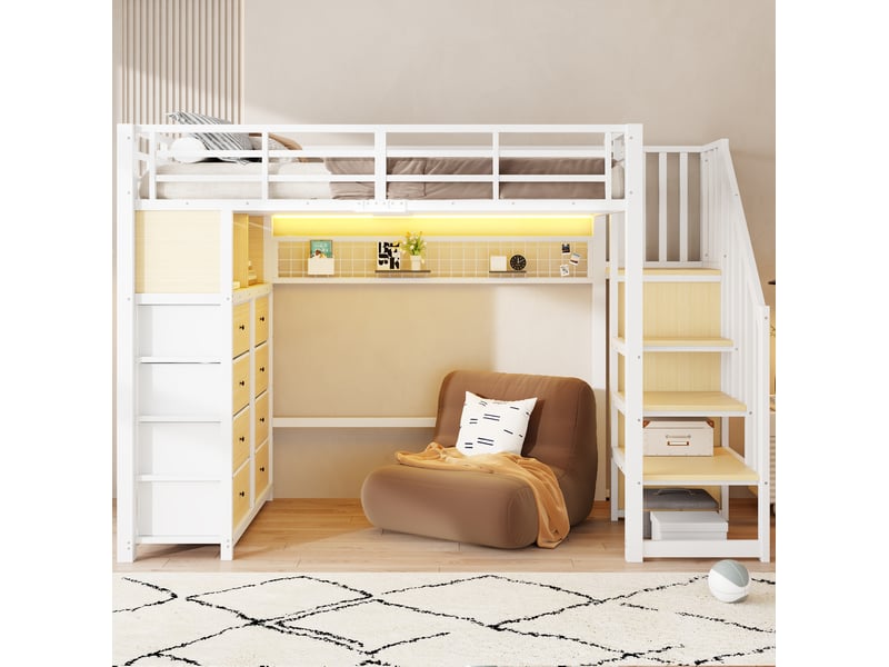  Lit mezzanine 90x200 cm avec 8 tiroirs et éclairage led en mdf et métal blanc  - Conforama D