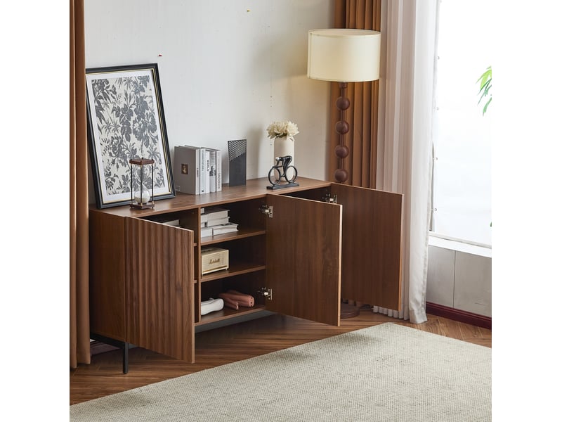  Buffet 150x40x80 cm à portes ondulées 3d avec étagères réglables en mdf coloris naturel  - Conforama C